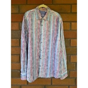 Robert Graham Party Shirt Striped Button Up Retro | Blue Purple | Mens 2XL